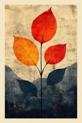 Abstract vintage art print featuring colorful autumn leaves in soft textured tones