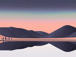 Serene landscape with mountains and a colorful twilight sky.