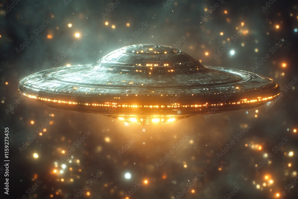 Poster A large alien spaceship flying through a star-filled space, offering possibilities for sci-fi and futuristic themes