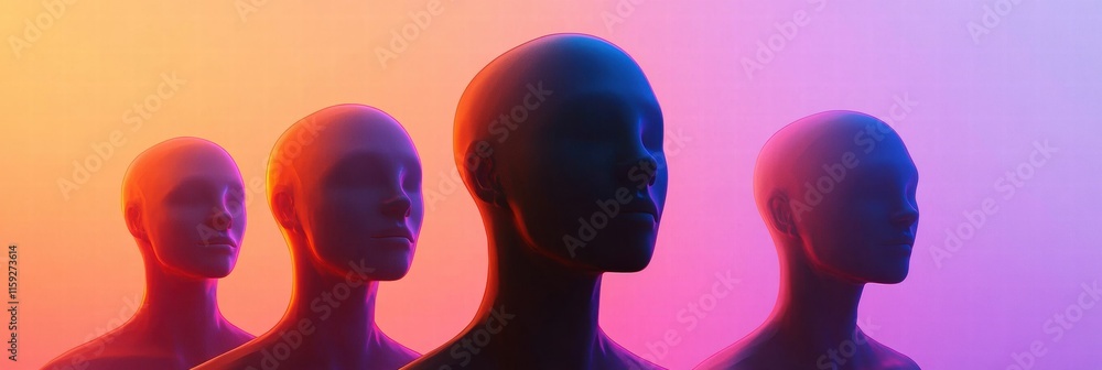 Poster abstract faceless avatars against a gradient background ideal for copy space and mock up designs. ge