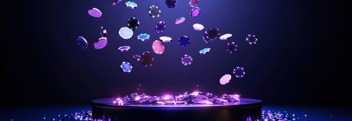 Bright casino chips flying over a glowing platform on a dark background