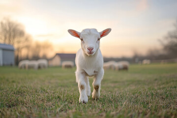 Obraz premium Adorable White Baby Goat in Green Field at Sunset