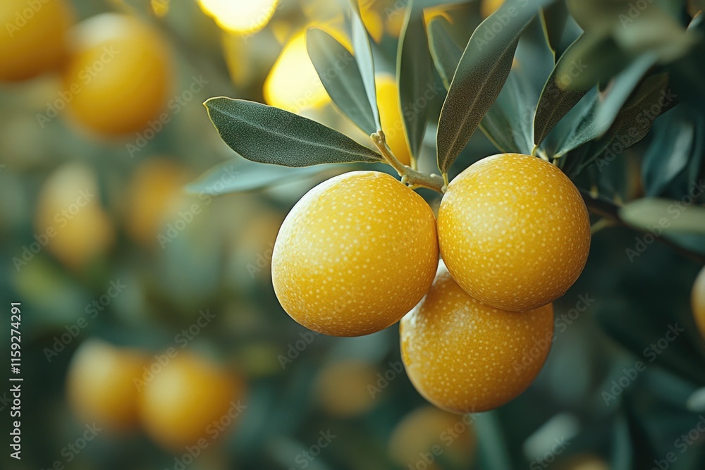 Poster a group of oranges hanging from the branch of a tree, with sunlight filtering through the leaves