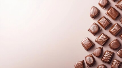 Minimal chocolates idea. Delicious assortment of indulgent chocolate pieces on a smooth background.