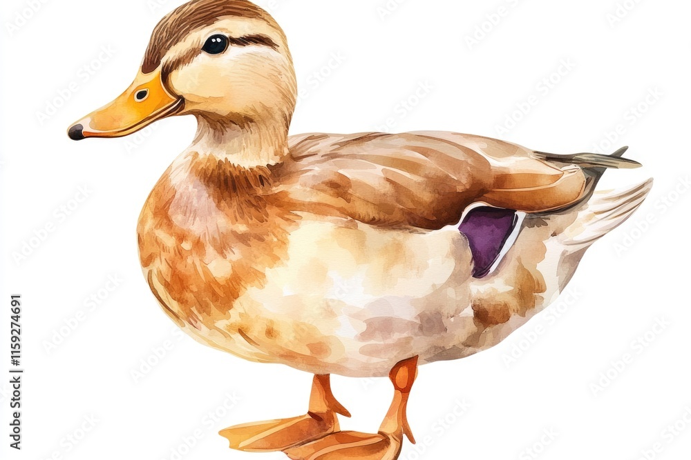 Poster a single duck sitting on a white background in a watercolor style