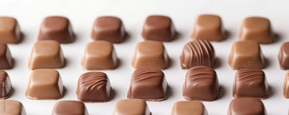 Poster minimal chocolates concept. assorted chocolates in various shapes and shades arranged neatly on a fl