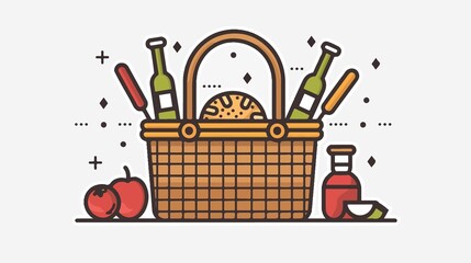 Elegant Picnic Basket Hamper Line Art Vector Icon for Designs