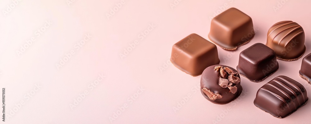 Poster minimal chocolates idea. delicious assorted chocolates arranged on a soft pink background.