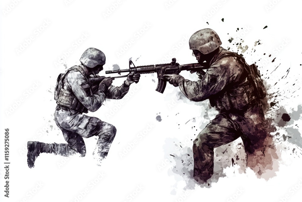 Poster two soldiers engaged in combat with a machine gun on a battlefield, with a focus on the action and i