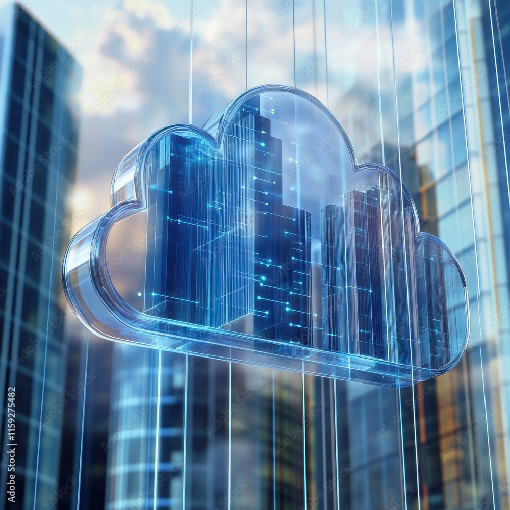 Aufkleber digital cloud symbol amidst a modern cityscape, representing cloud computing and data technology.