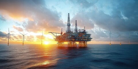 An offshore oil and gas platform in the ocean, with wind turbines on it, at sunrise, with a beautiful sky.