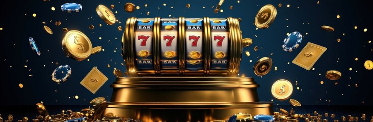 Golden slot machine jackpot surrounded by flying coins and casino chips