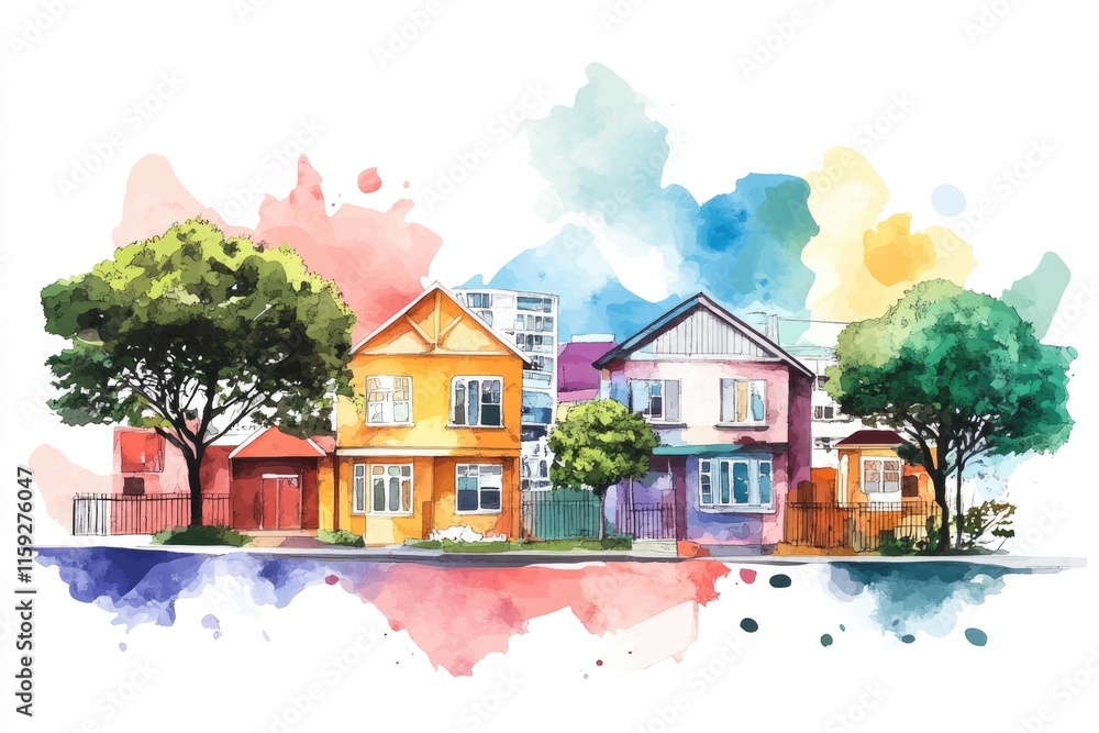 Poster watercolor painting of a row of houses with colorful architecture and quaint atmosphere