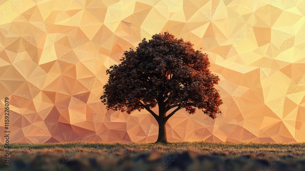 Poster oak tree abstract background idea. a solitary tree stands against a colorful geometric background in