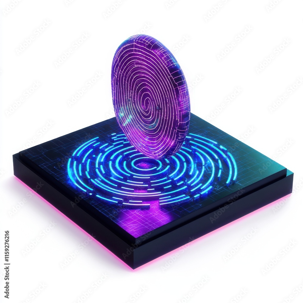 Poster futuristic digital coin with a vibrant fingerprint design, floating above a neon grid surface.