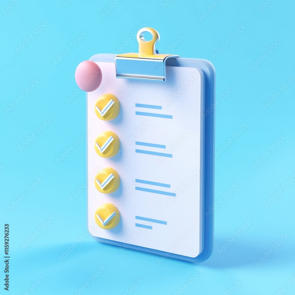 Poster a colorful checklist on a blue background featuring yellow checkmarks and a pink pushpin, symbolizin