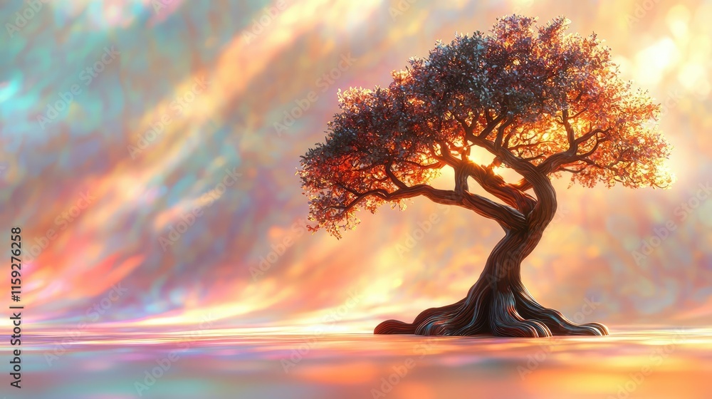 Aufkleber mahogany tree abstract background idea. a vibrant tree standing alone, surrounded by colorful swirli