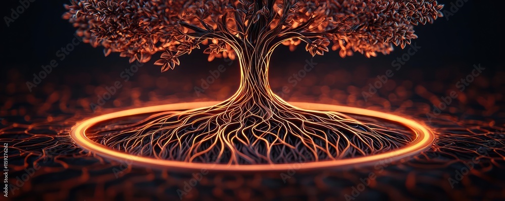 Poster mahogany tree abstract background idea. a mystical tree with glowing roots and intricate details in 