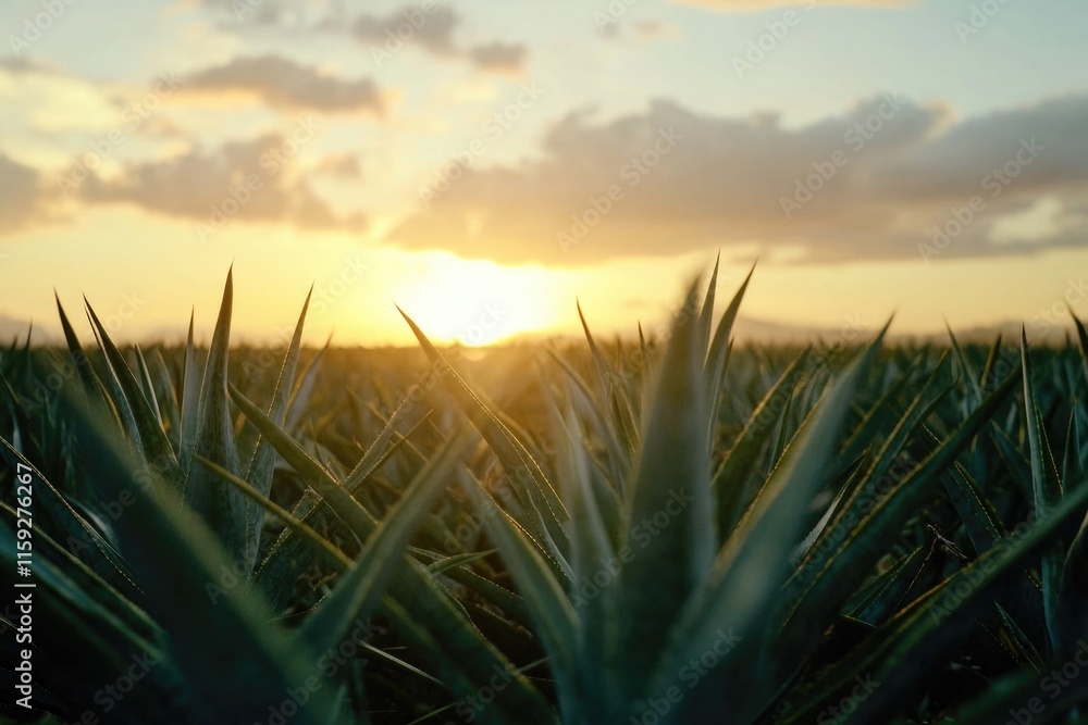 Poster a serene landscape with the sun setting over a field of green plants, suitable for use in nature-ins