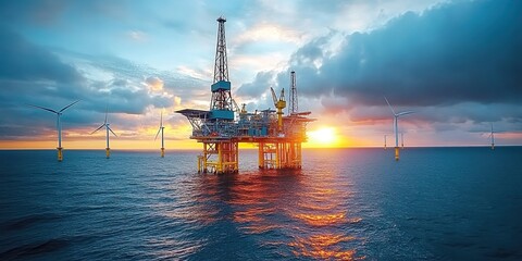 An offshore oil and gas platform in the ocean, with wind turbines on it, at sunrise, with a beautiful sky.
