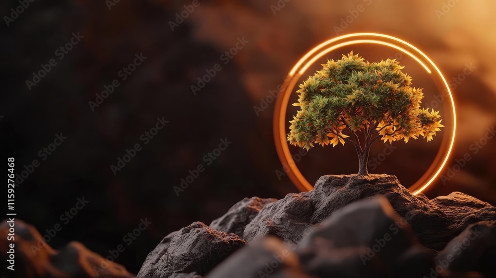 Poster maple tree abstract background concept. a vibrant tree positioned on rocks, illuminated by a glowing