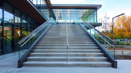 Modern concrete stairs leading to a large glass building.