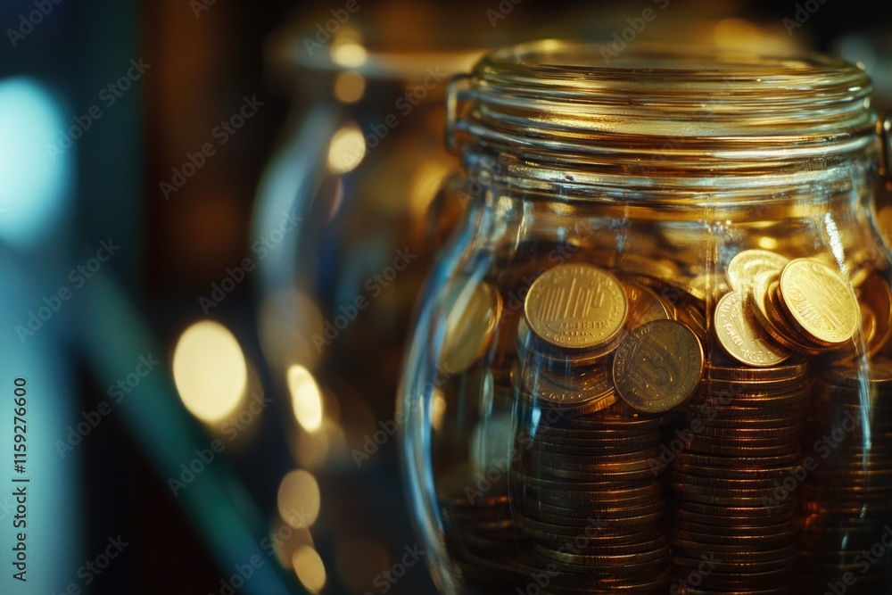 Poster a jar filled with coins sitting on top of a table