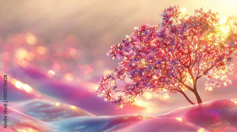 Poster maple tree abstract background concept. a serene and colorful tree basking in ethereal light amidst 