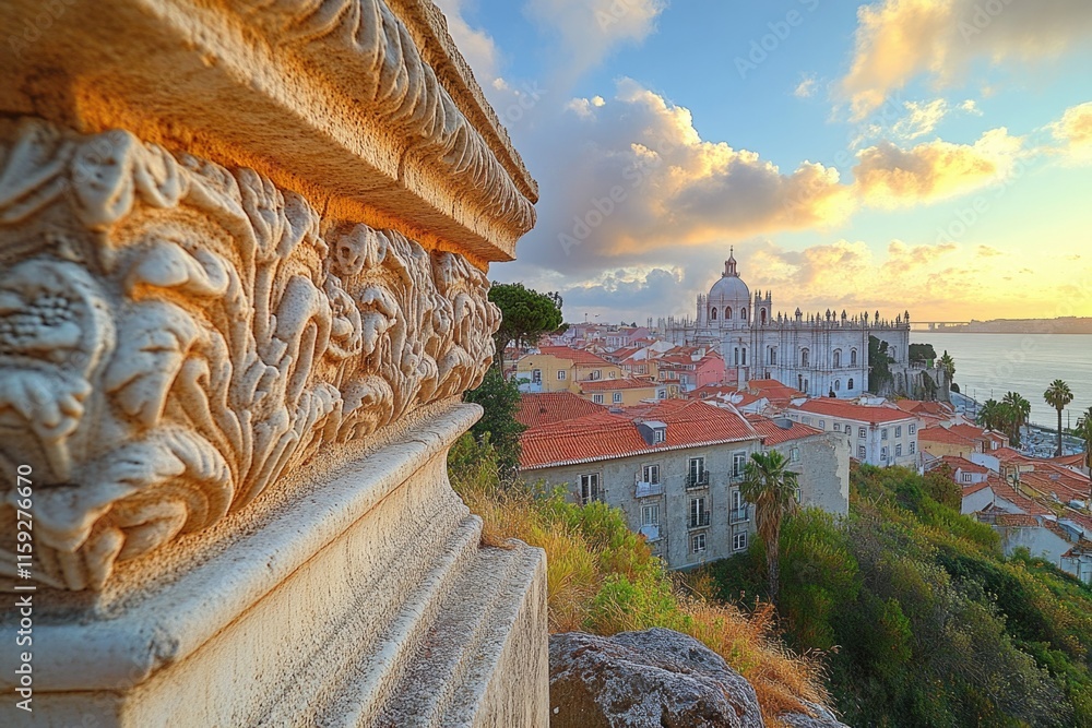Poster urban scene with a church visible in the distance, suitable for use as a backdrop or to establish a 