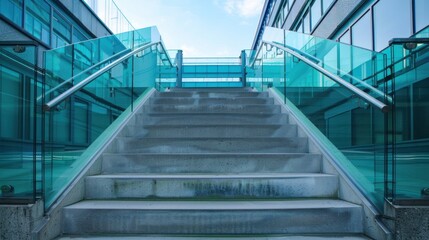 Obraz premium Outdoor stairs with blue glass railing.