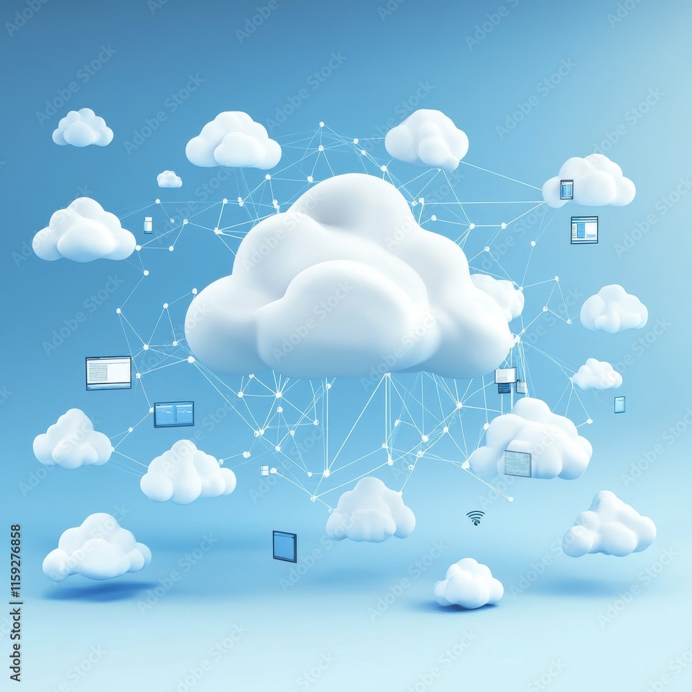 Poster a vibrant blue background featuring a central fluffy cloud surrounded by smaller clouds and digital 