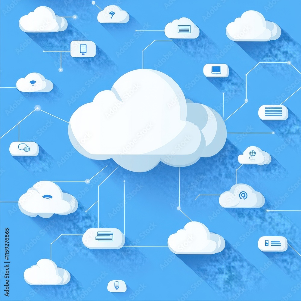 Poster abstract illustration of cloud computing with interconnected icons on a blue background.