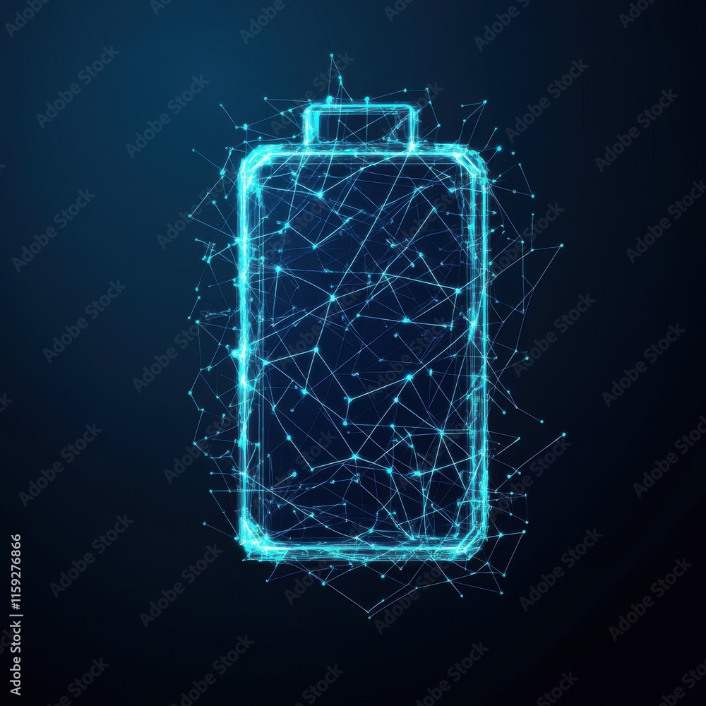 Poster a glowing digital battery icon composed of interconnected lines and dots against a dark background, 