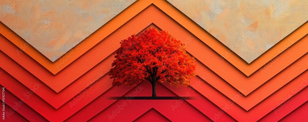 Aufkleber maple tree abstract background concept. a vibrant red tree stands against geometric layered backgrou