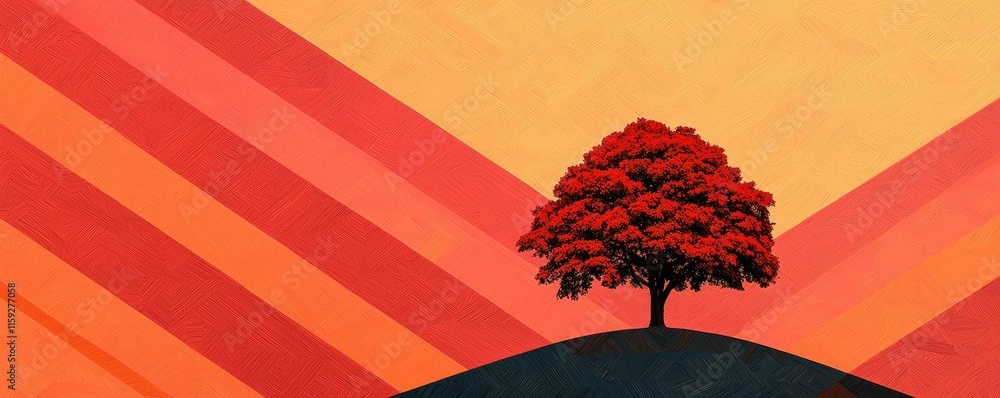 Aufkleber maple tree abstract background concept. a vibrant red tree set against a colorful striped background