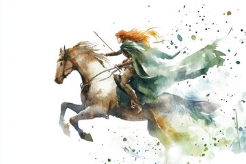 A woman sits comfortably on the back of a white horse, both moving together in harmony