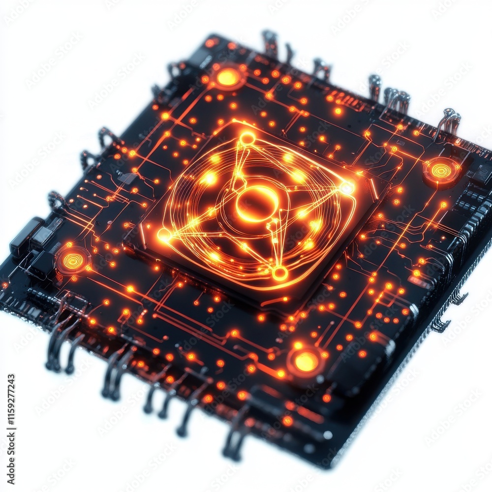 Aufkleber close-up of an intricate microchip with glowing circuitry, showcasing a futuristic digital design.