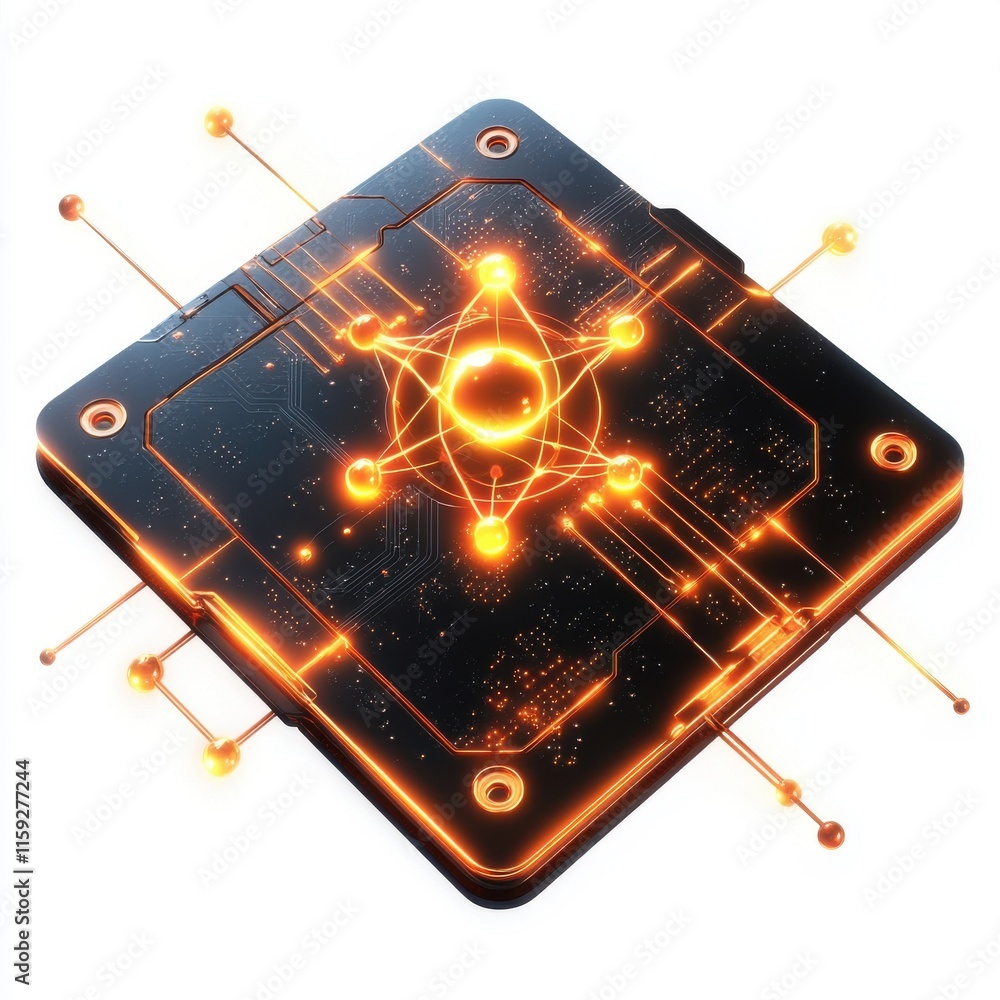 Aufkleber abstract digital representation of a microchip with glowing circuits and an atomic structure in oran