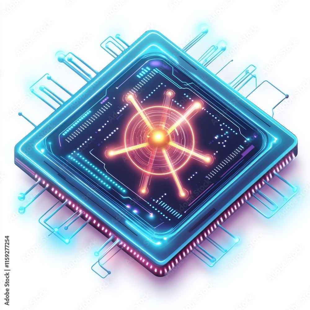 Poster futuristic microchip design with glowing circuits and a central atom, symbolizing advanced technolog