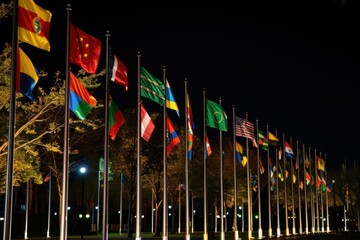 Obraz premium International flags waving at night. Many flags of various countries displayed outdoors.