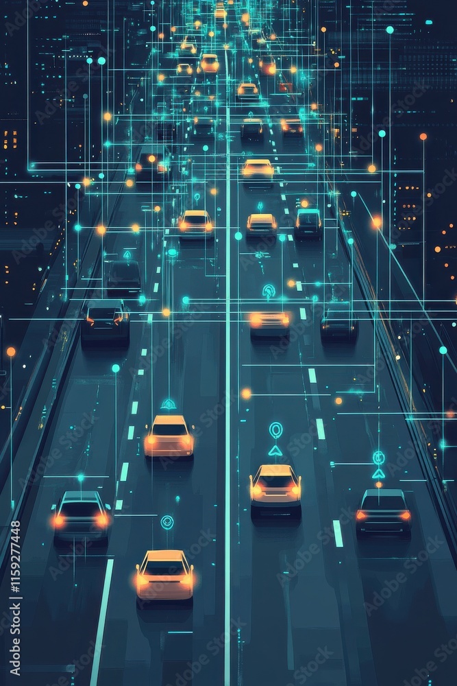 Poster futuristic traffic system depicting autonomous vehicles and data visualizations