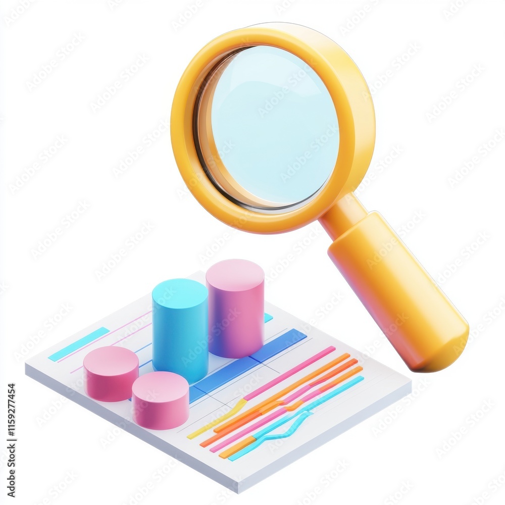 Aufkleber colorful 3d magnifying glass hovering over financial charts and graphs, symbolizing data analysis.