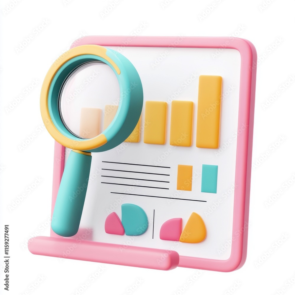 Poster colorful data analysis concept featuring a magnifying glass over a chart with vibrant graphs on a pi