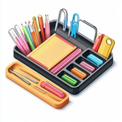 Naklejka premium A vibrant collection of stationery items in a neatly organized desk tray.