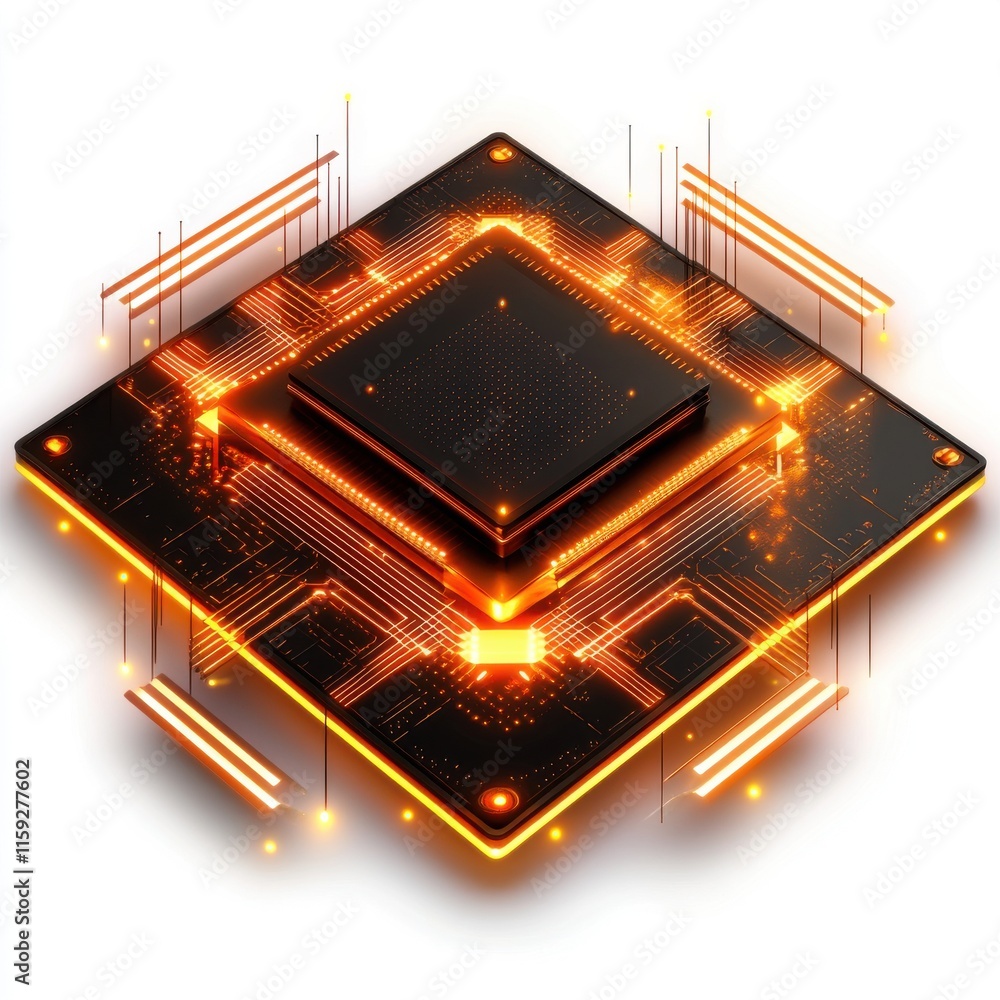 Poster abstract representation of a glowing microchip with orange circuits, symbolizing advanced technology