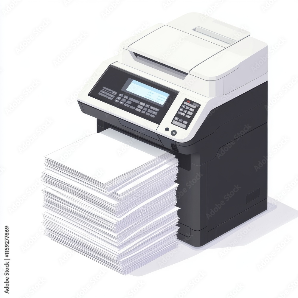 Poster stylish monochrome printer with a stack of freshly printed papers in a neat office setup.