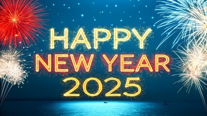 Happy New Year 2025 Silvester Eve party panorama with fireworks against a dark blue and black sky background