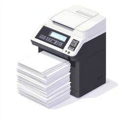Stylish monochrome printer with a stack of freshly printed papers in a neat office setup.