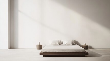 Contemporary minimalist bedroom design with very few furnishings. Featuring a clean, uncluttered layout with sleek lines