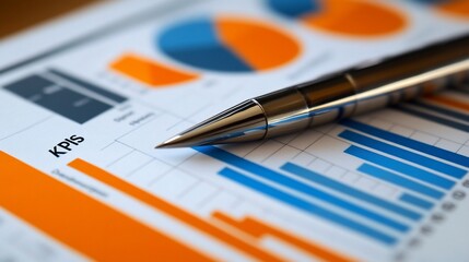 Close-up of pen on financial report showing KPIs, charts, and graphs.